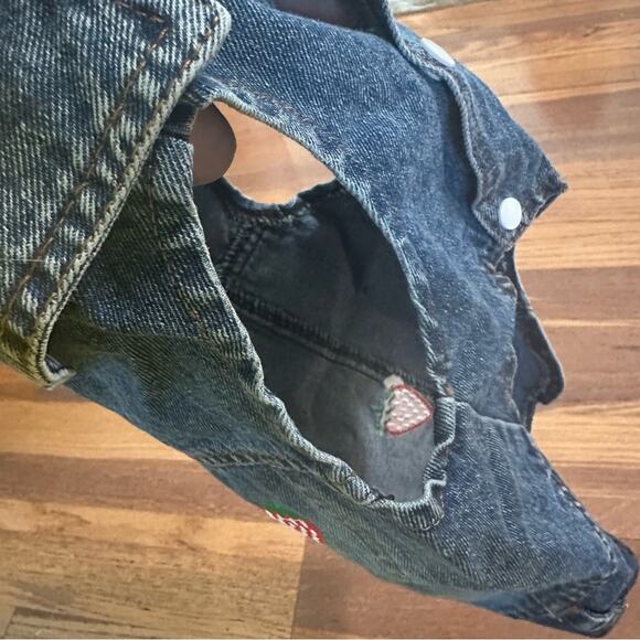 Dog Denim Jacket, Embroidered Strawberries, Distressing, Pet, Snap Buttons, XL - Picture 8 of 13